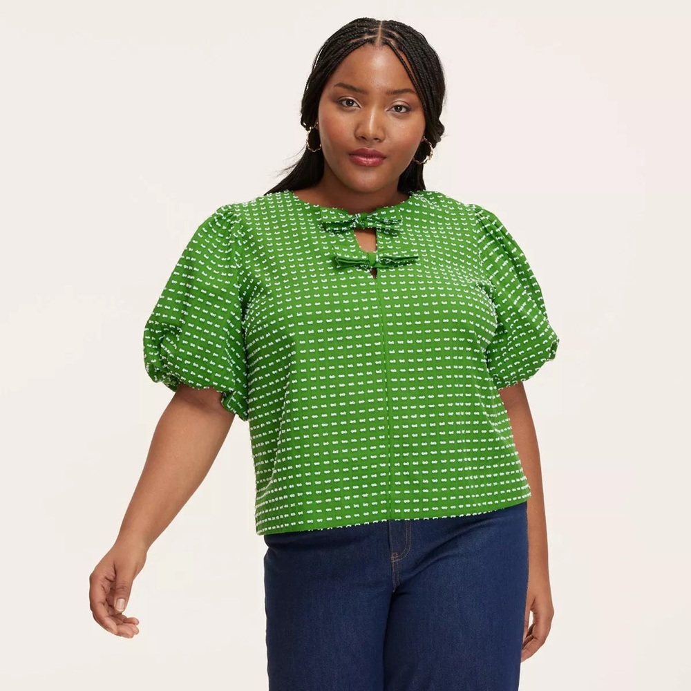 Kate Spade Green Puff Sleeve Blouse with Tie Front